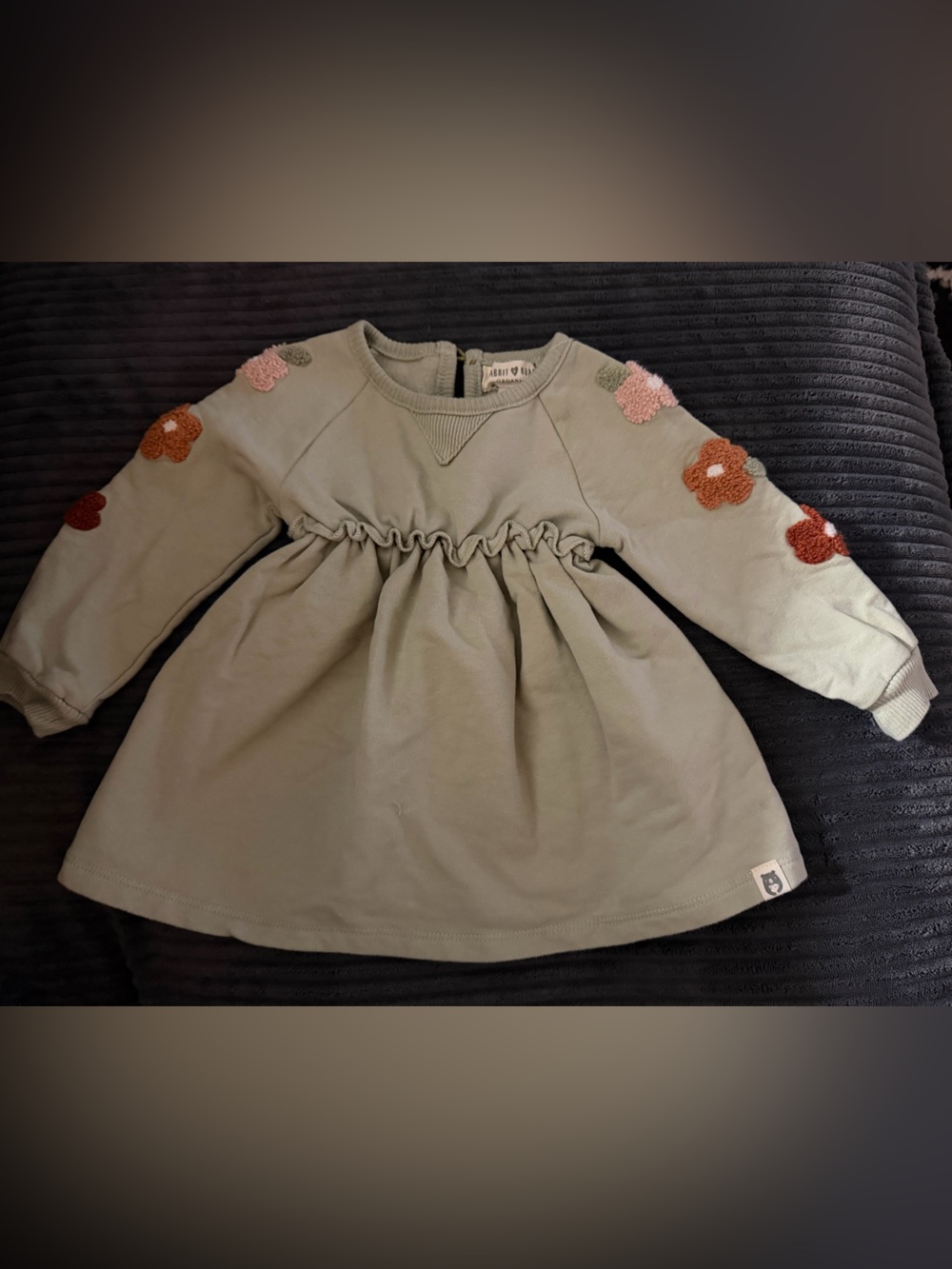Kids Sage Green Floral Appliqué Long-Sleeve Dress